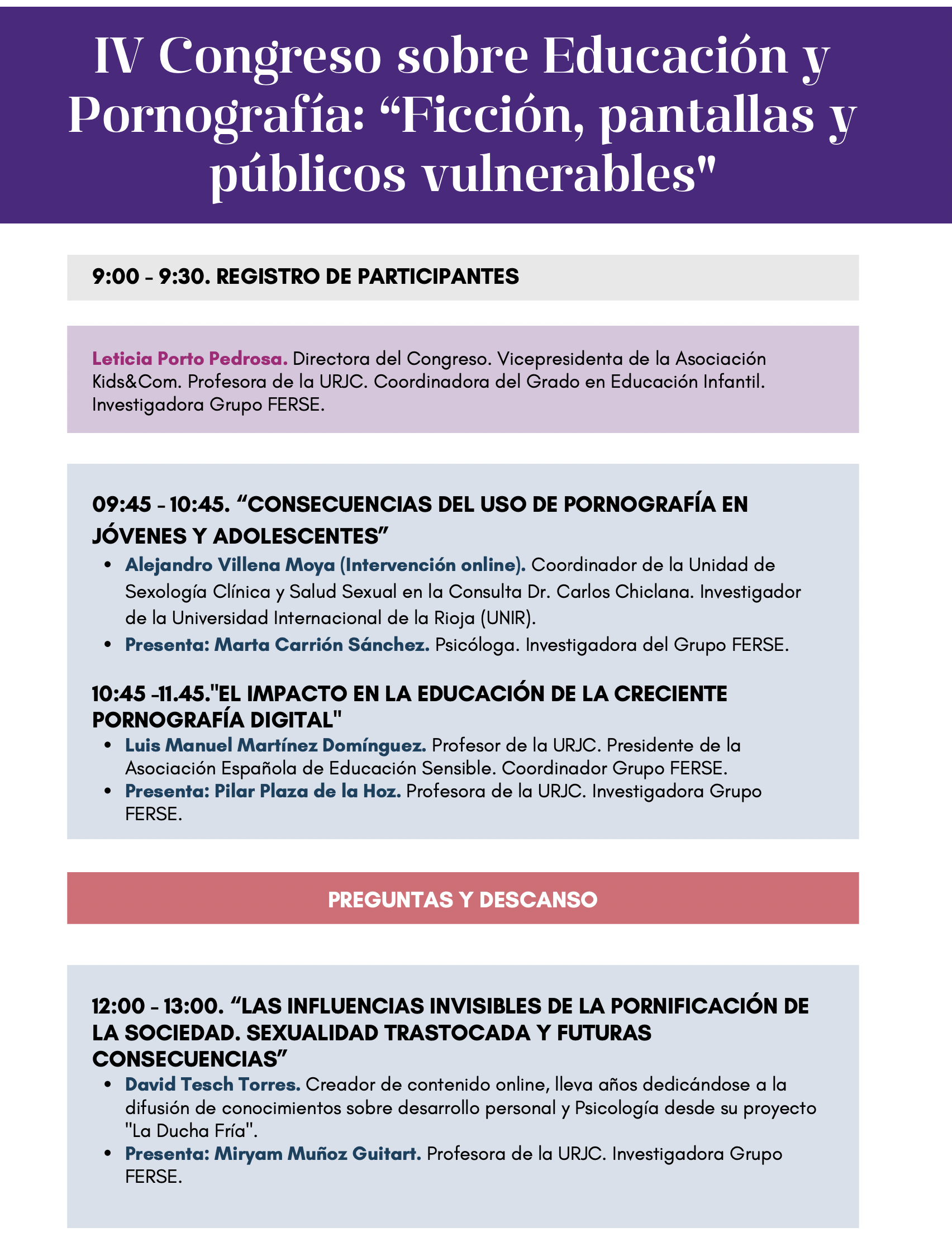 IV Congreso sobre Educación y Pornografía: “Ficción, pantallas y públicos  vulnerables - Programa